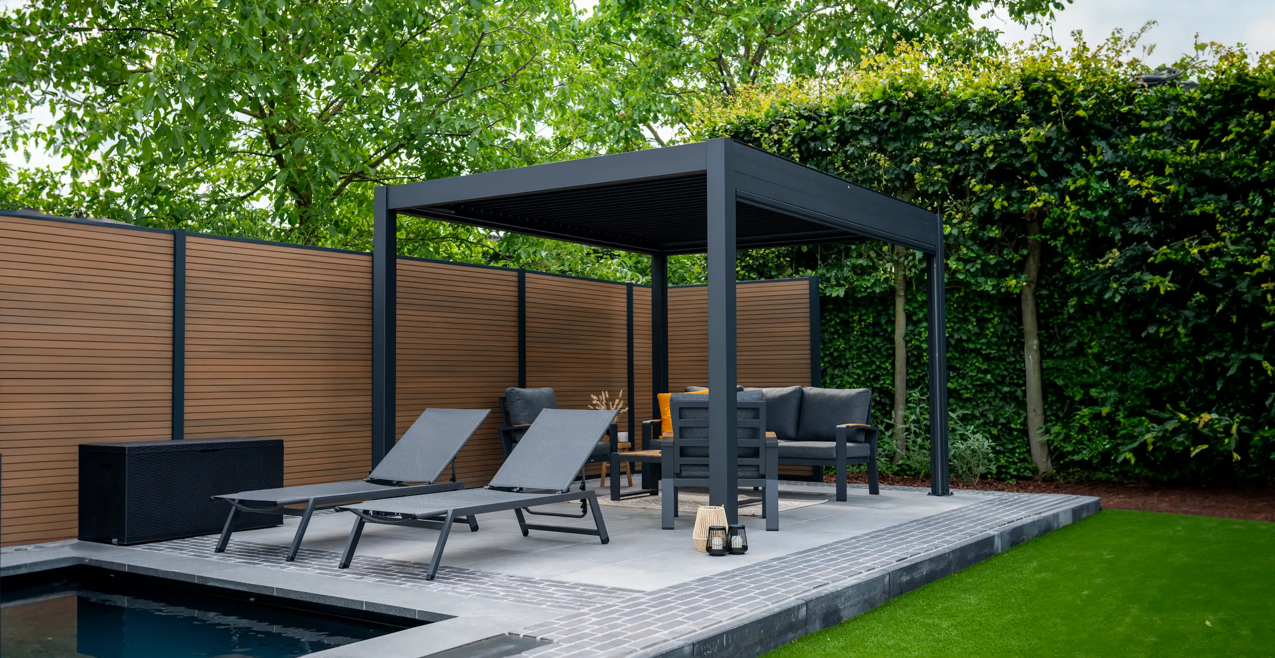 Pratt & Söhne, pergola, louver, garden, swimming pool